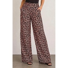 SHEIN Womens Leopard Print Elastic Waist Wide Leg Palazzo Pants Sz L Boho Preppy