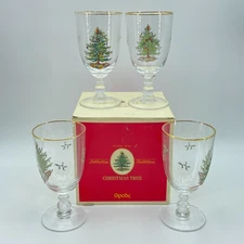 SPODE Christmas Tree Pedestal Goblets Set of 4 Gold Rim Holiday Water Glassware