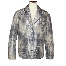 Chicos Women 2 L/12 Blazer Silver Grey Metallic Leopard Print Button Up Jacket