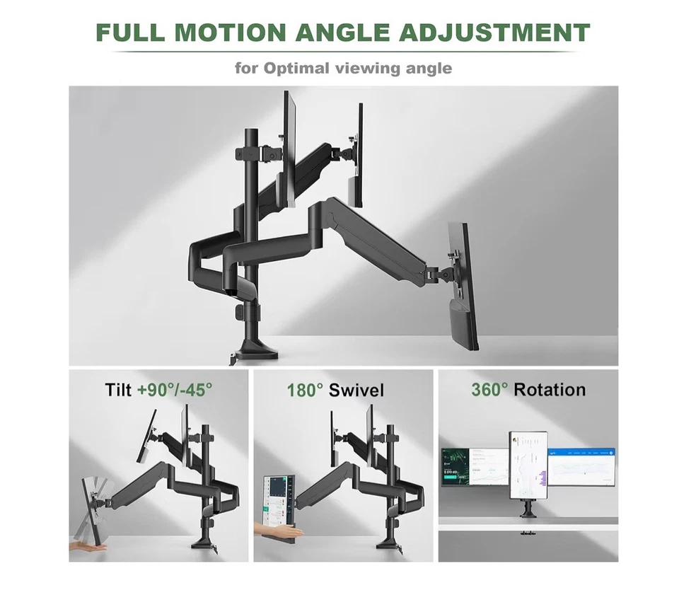 Soporte de monitor triple 13–32” | Montaje de escritorio de movimiento completo con resorte de gas | Base con abrazadera en C Foto 3 de 4