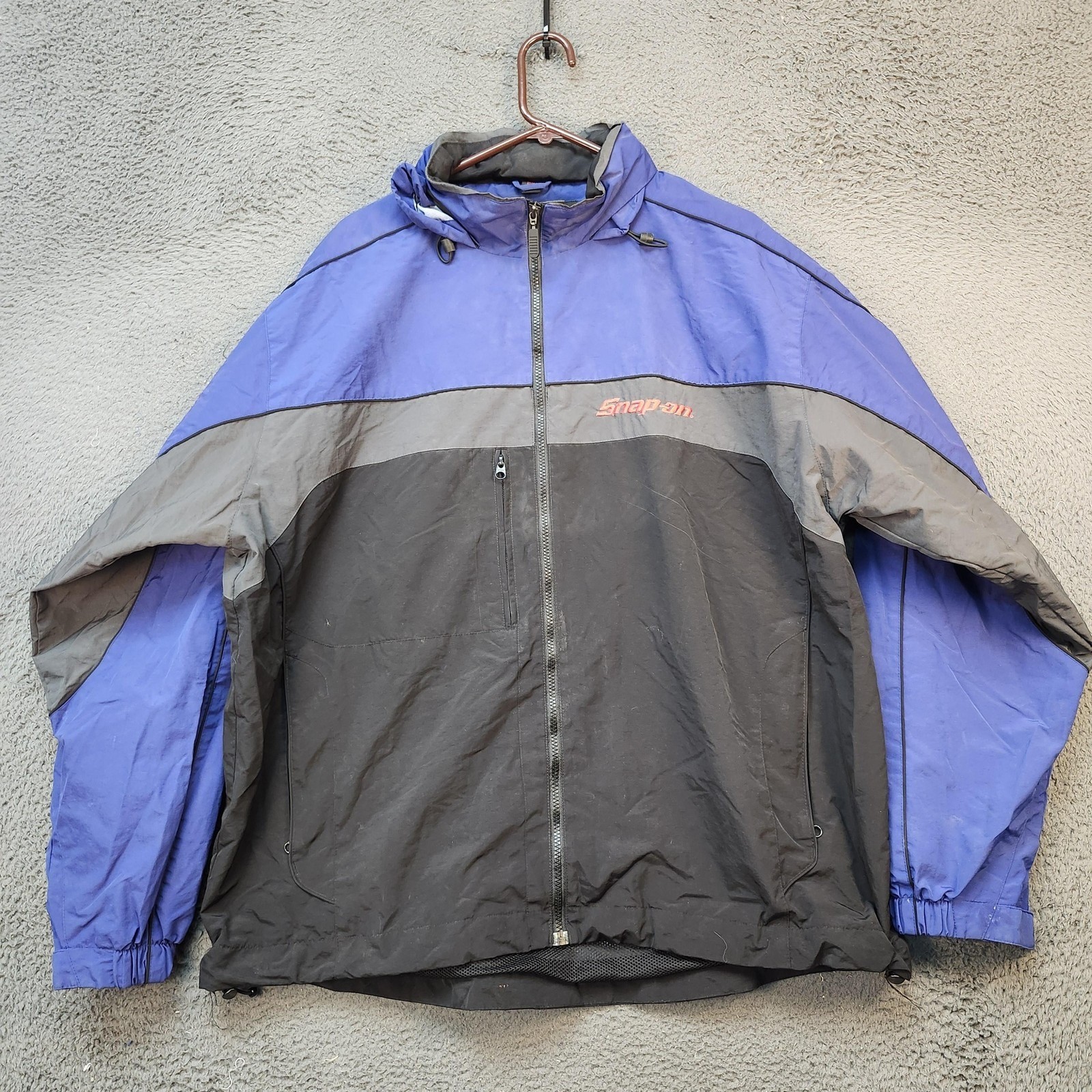 Snap-On Jacket Mens 2XL Blue Black Gray Full Zip Hooded Windbreaker Coat Logo