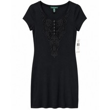 New Tags Lauren Ralph Lauren Black Cotton Lace Henley Dress Small Knee Length