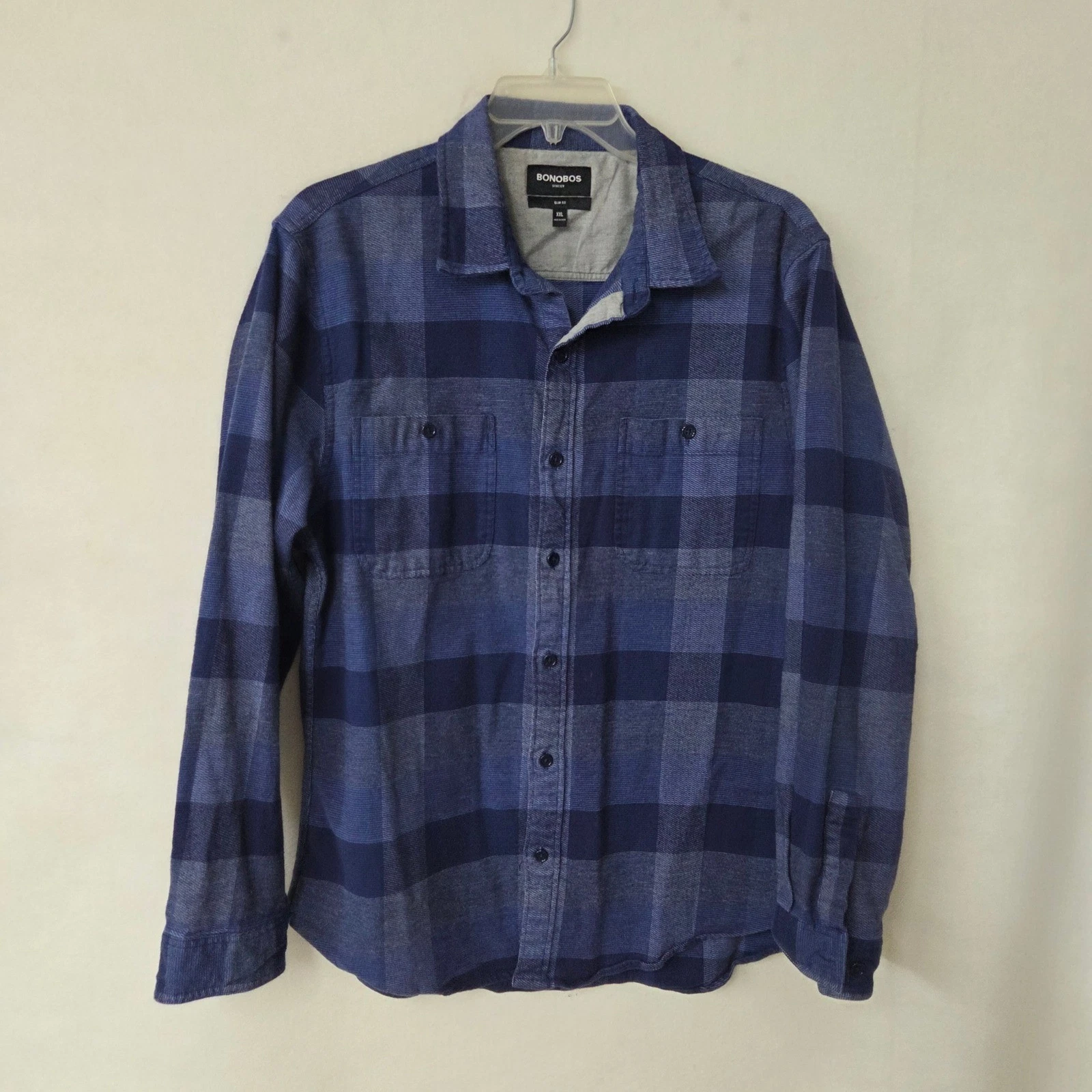 Bonobos Flannel Shirt Mens XXL Blue Plaid Slim Fit Stretch Outdoor Shacket