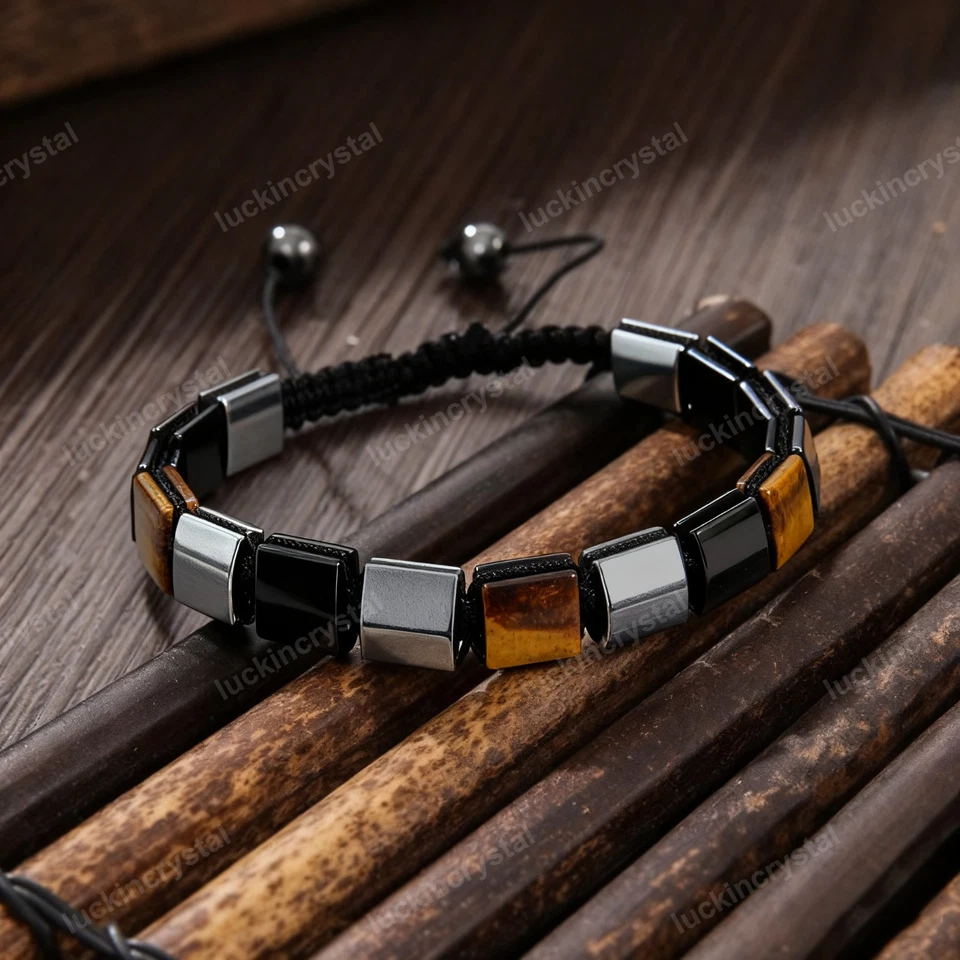 Pulseira masculina natural olho de tigre hematita preta obsidiana proteção tripla frisada - Imagem 2 de 2