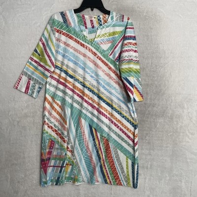 Atelier 5 Womans Shirt Dress Multicolor Geometric Medium Polyester Blend V Neck