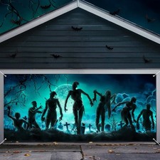 Halloween Garage Door Cover, 7X16 Ft Outdoor Party Decorations Spooky Zombies