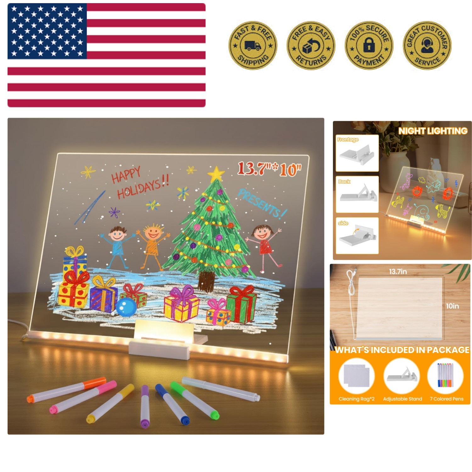 LED Doodle Glow Note Board, 13.7"x10" Acrylic Dry Erase Board, Drawing Messag...