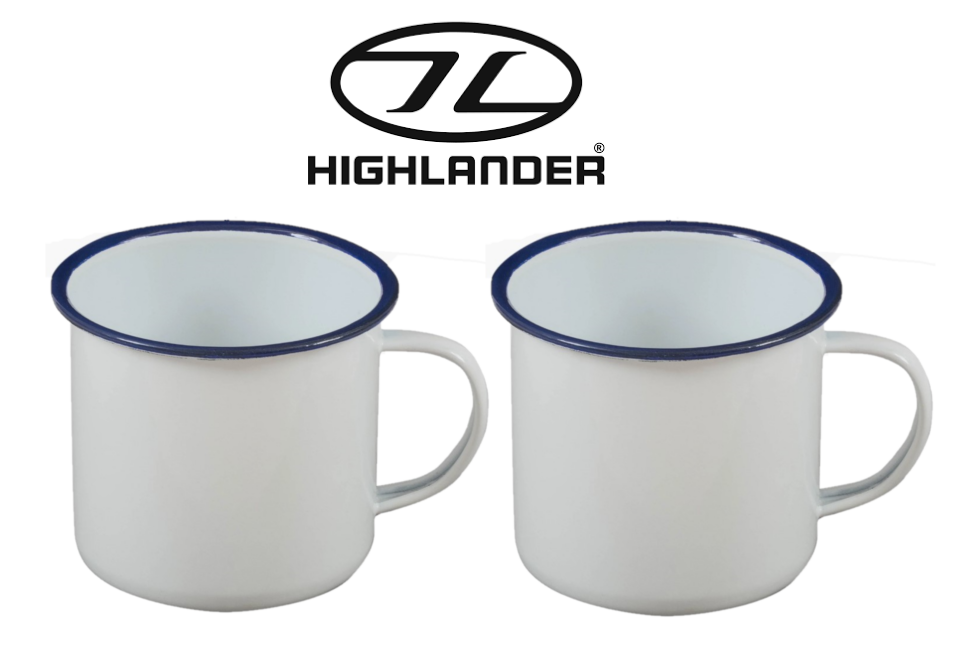 Highlander Enamel Vintage Camping Mug 280ml White Cup SET OF 2 CP225