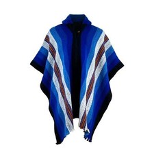 Llama Wool Mens Unisex South American Hooded Poncho Jacket Striped Blue