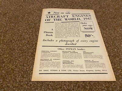 AC27 WERBUNG 11X8 FLUGZEUGMOTOREN DER WELT EIN PITMAN BUCH 1947