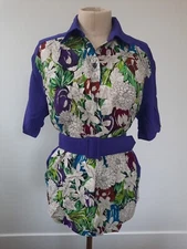 VTG Melrose Belted Top Collared Button Shirt Size 6 Short Sleeves Floral Purple