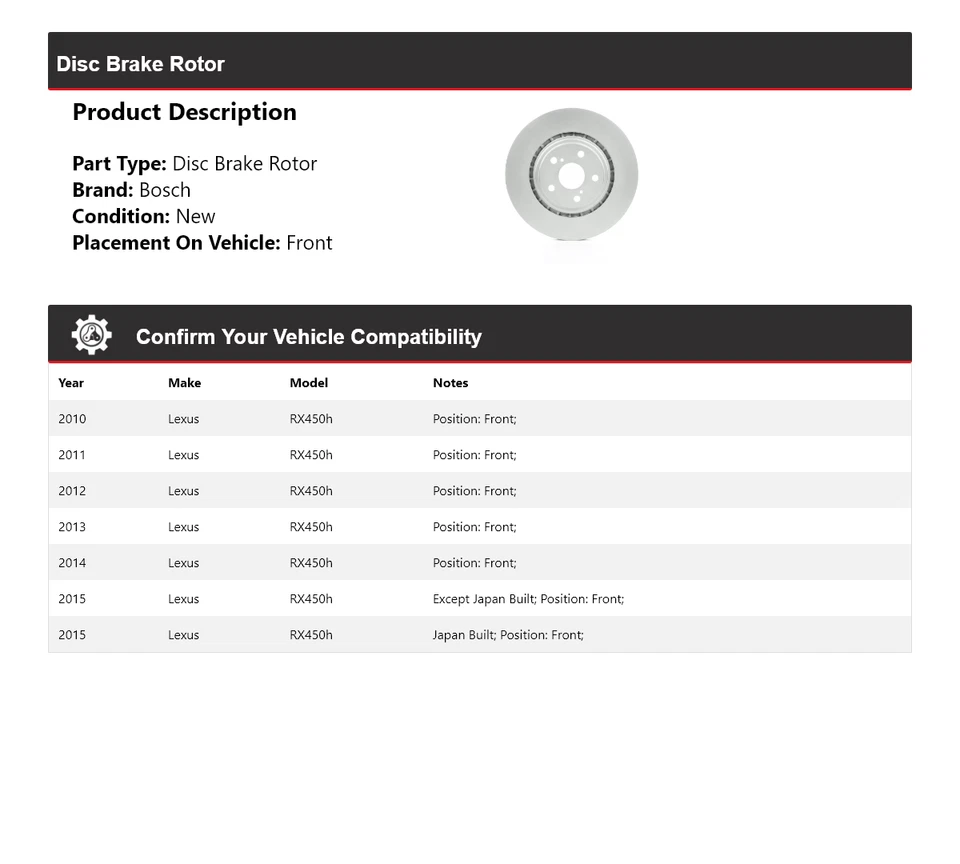 Rotor de freno de disco delantero para Lexus RX450h Bosch QuietCast 2010-2015 2011 2012 2013 Foto 2 de 4