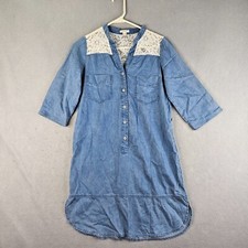 Timing Dress Womens Small Blue Denim Twill Lace Chic Lightweight Flowy