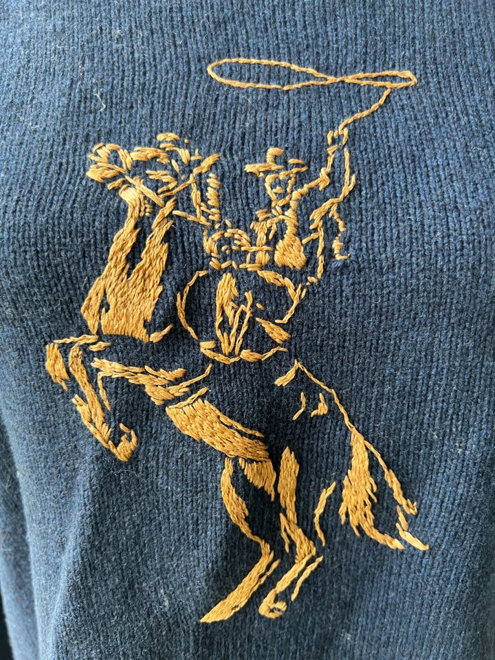 Cowboy Western Hand Embroidered Navy Blue Wool Sweater M - Image 3 of 4