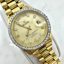 Elgin Presidential 36mm Day Date Golden Quartz Watch Small Size 6.5” New Battery