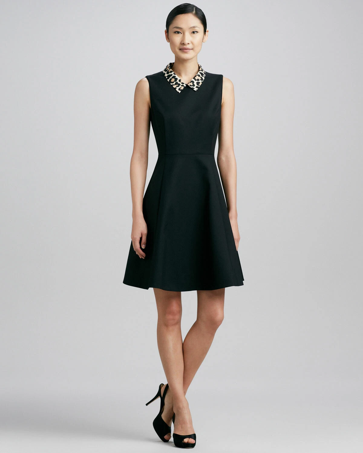 Abito Kate Spade nero Rissa Fit Flare Lepord foderato con colletto posteriore con cerniera taglia 2