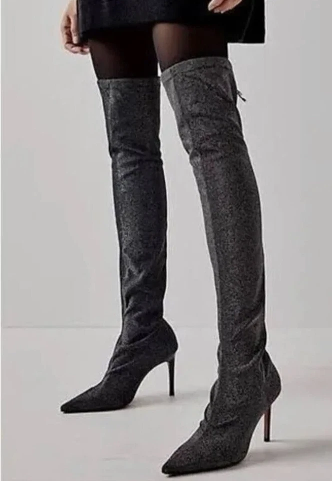 Bota Free People Vicenza Tono Plateado Tejido Brillante Corbata Sobre la Rodilla Tacón Alto NUEVA 9 Foto 2 de 4