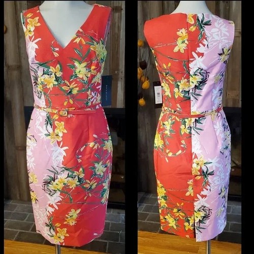 NWT David Meister dress size 2 Colorblock Hawaiian Tropical Floral Sheath - Picture 2 of 7