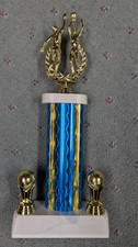 male dual action BASKETBALL trophy wide blue column weighed base ball trims