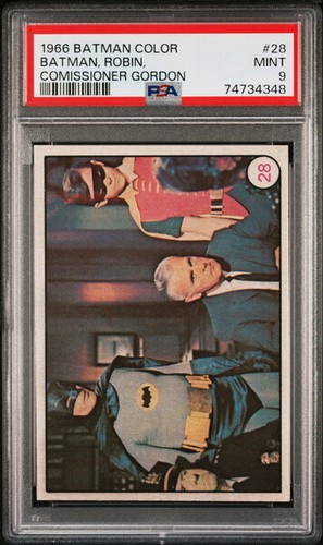 1966 Topps Batman Bat Laffs #28 Batman, Robin and Commissioner Gordon — PSA 9
