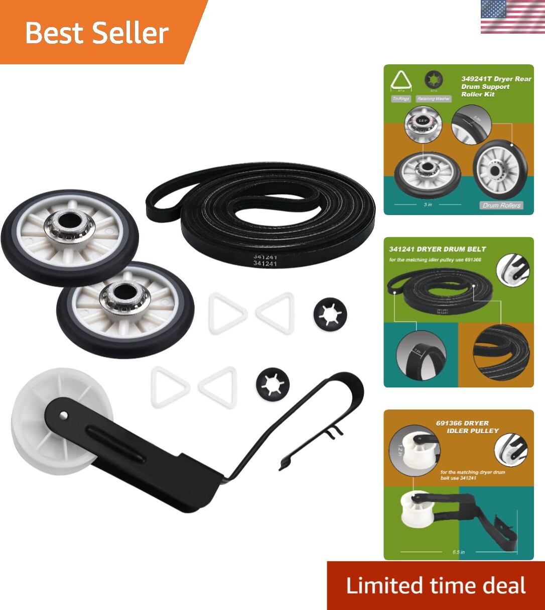 Easily Replace Dryer Drum Drive Belt, Rollers & Idler Pulley - 180-Day Warranty