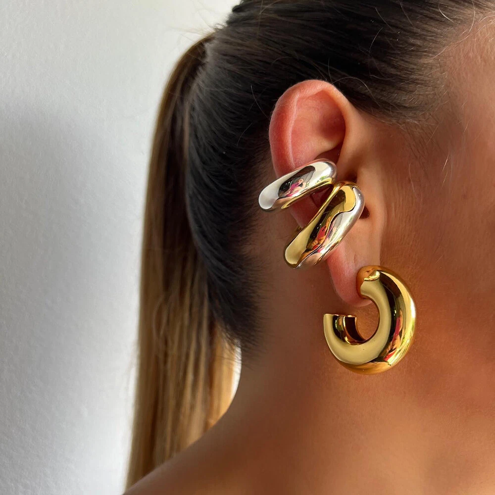 Stainless Steel Chunky Cylindrical Tube Hollow Earrings Ear Cuff