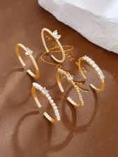 5pcs Yellow Gold Minimalist CZ Faux Pearl Heart Ring Set For Women Gift