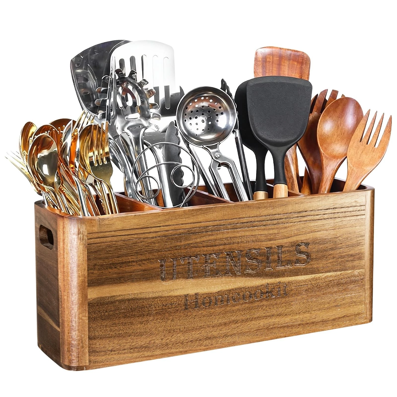 Utensil Holder for Kitchen Countertop, Extra Large Acacia Wood Organizer, 4-C...