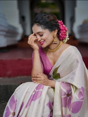 Women's Cream Pink Linen Tissue Silk Saree Floral Matching Blouse Ethnic Sari
