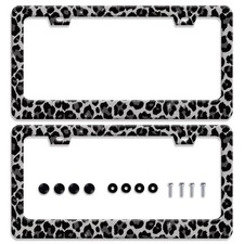 2pcs Black Gray Leopard Print License Plate Frame Cheetah License Holder