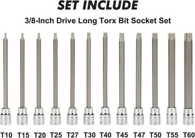 12 Piece 3/8''Drive Extra Long Torx Bit Socket Set Torx Star Bit Set T10 to T60