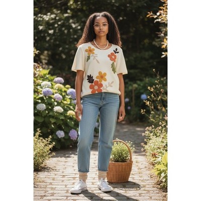 Alfred Dunner Knit Top XL Cream Floral Crochet Applique Pointelle Grandma