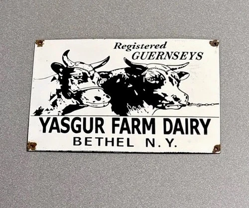VINTAGE 12” YASGUR GUERNSEY COW FARM PORCELAIN SIGN CAR GAS TRUCK MOTORCYCLE