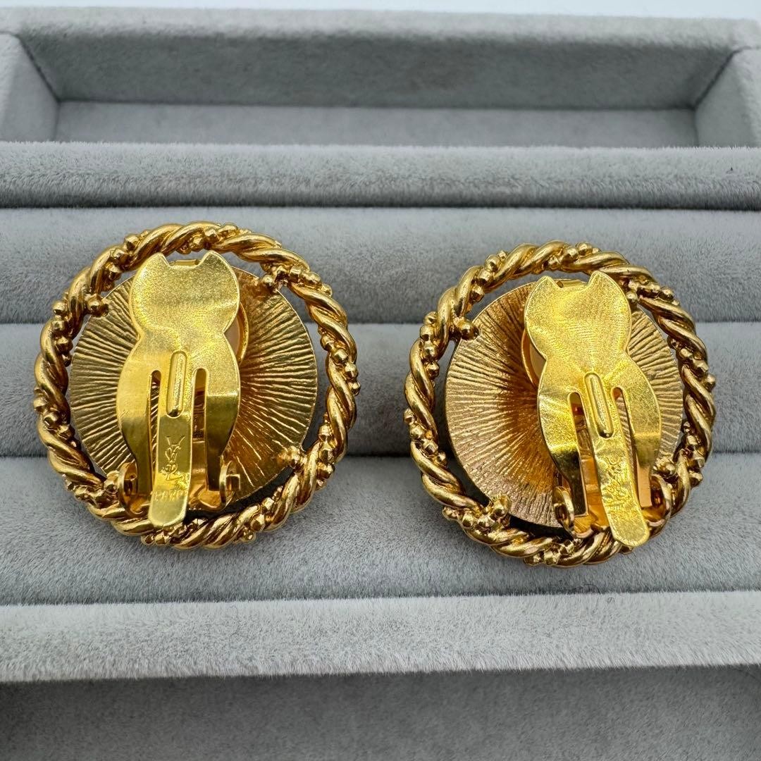 Yves Saint Laurent YSL YSL Cameo Gold tone Circle Earrings Stud Vintage thumbnail 6