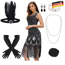 Flapper Kleid 1920er Gatsby Kostüm Damenmode Schwarz M L Accessoires Set