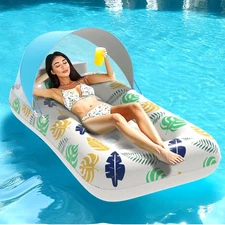 70" Inflatable Adult Pool Float with Canopy, Cup Holder & UV-Resistant Lounger