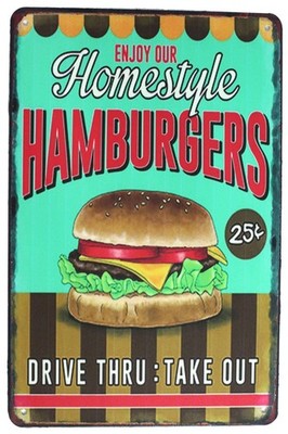 SUMIK Enjoy Our Homestyle Hamburgers, Metal Tin Sign, Vintage Art White
