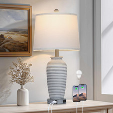 25" Vintage Farmhouse Table Lamp with USB Ports  AC Outlet - Grey White