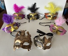 Lot of 7 Mardi Gras masks glitter feathers bag of beads costume