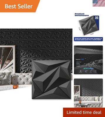 50 Pack Black PVC 3D Diamond Wall Panels Square Decor for Interior Walls