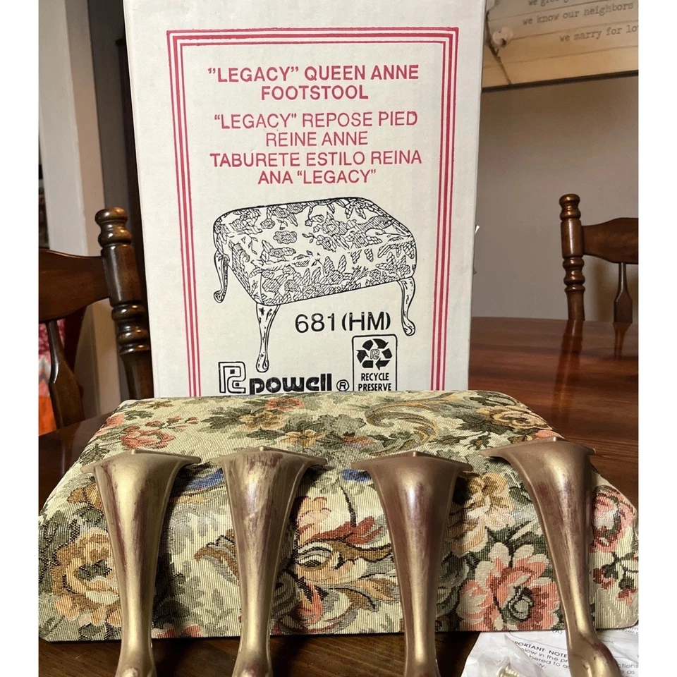 VTG Tapestry Footstool Powell Legacy Queen Anne Metal Legs Floral Regency NOS - Image 3 of 4