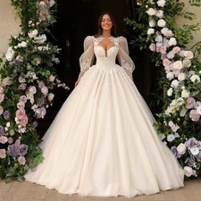 Ball Gown Lace Wedding Dresses Puffy Long Sleeves Bridal Gowns with Chapel Train