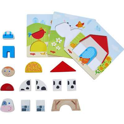 HABA On the Farm Beginner Pattern Blocks Puzzle with 3 Background Scenes and 14