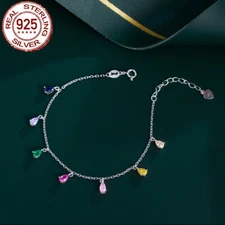 Adjustable 925 Sterling Silver Chain Link Charm Drop Bracelet CZ Rainbow Women