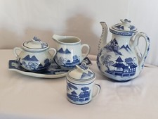 8 Pc. Blue  White Tea Set with Butterfly Finial