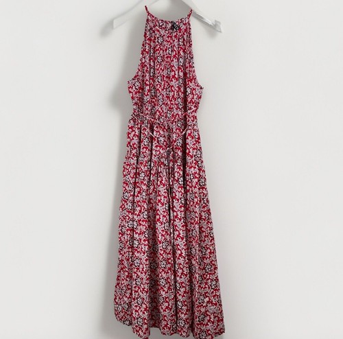 NEW J. Crew Tie-waist halter MIDI dress Women L Vintage Red Floral 2024 Tiered