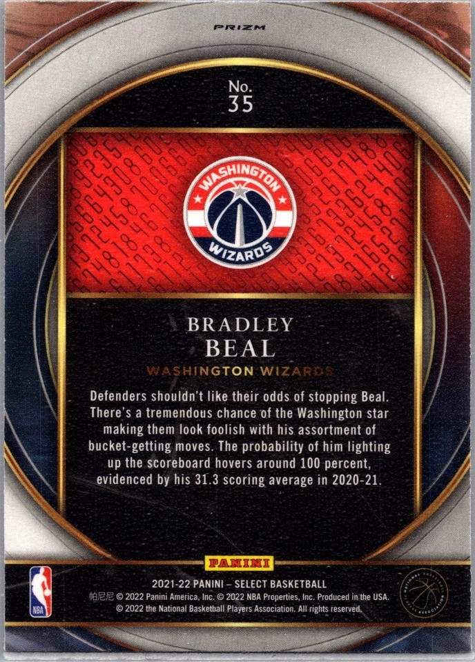 Bradley Beal 202122 Panini Select Silver Numbers Insert Washington