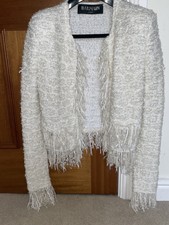 Balmain Jacket White Sparkly Tweed Fringed Size 36