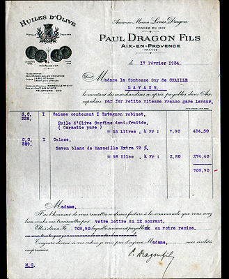 AIX-en-PROVENCE (13) OLIVE OIL ''Paul DRAGON'' in 1934