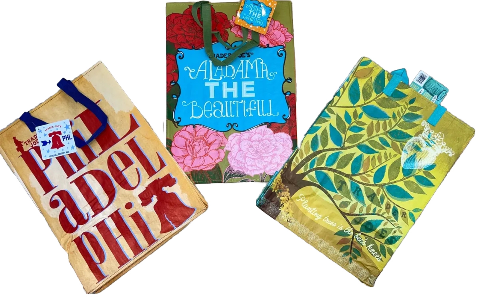 Trader Joe's bags  Trio From  Alabama , Nebraska , Philadelphia NWT
